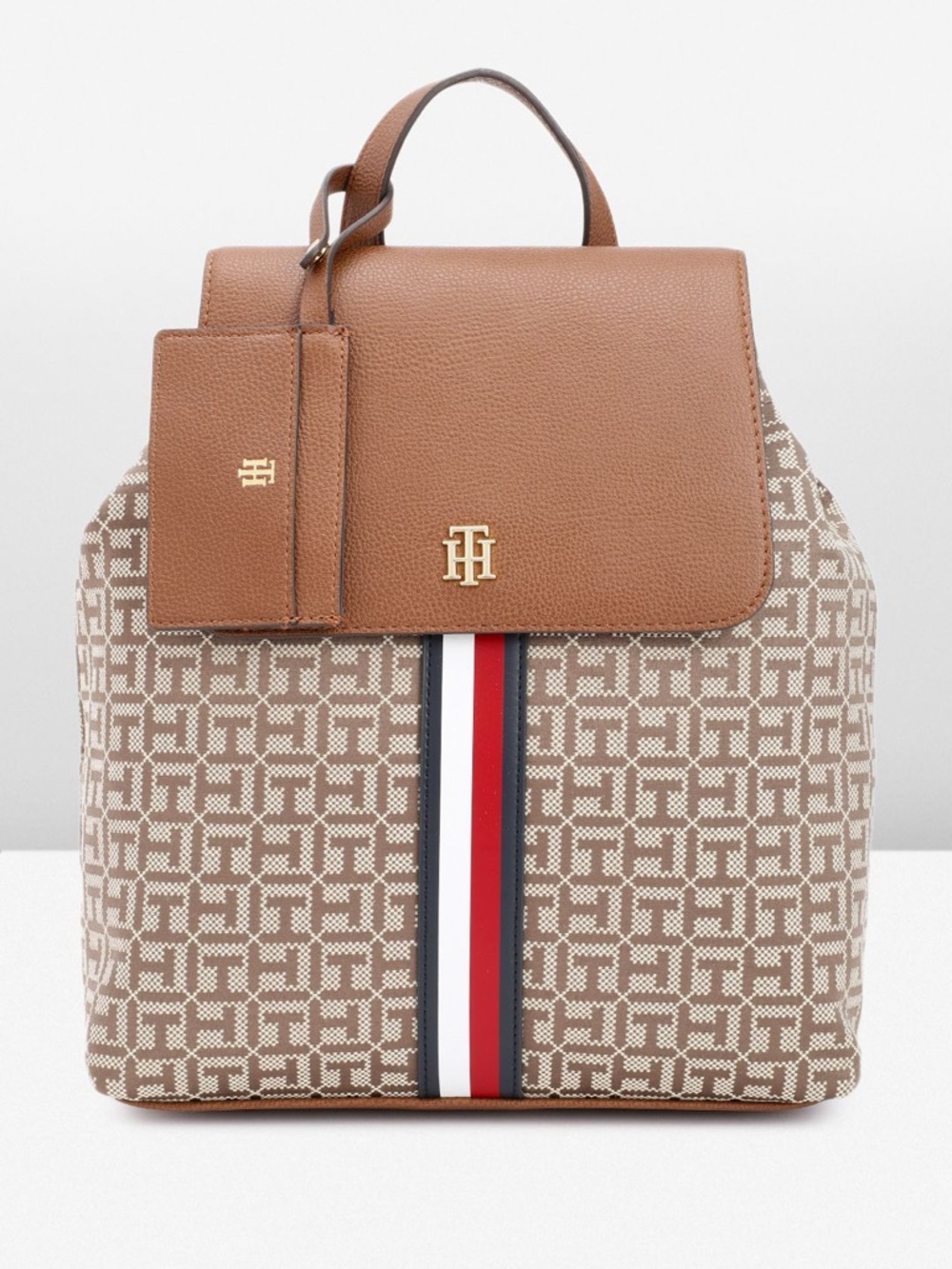 Tommy Hilfiger Brown Monogram Backpack with Signature Stripe Accent
